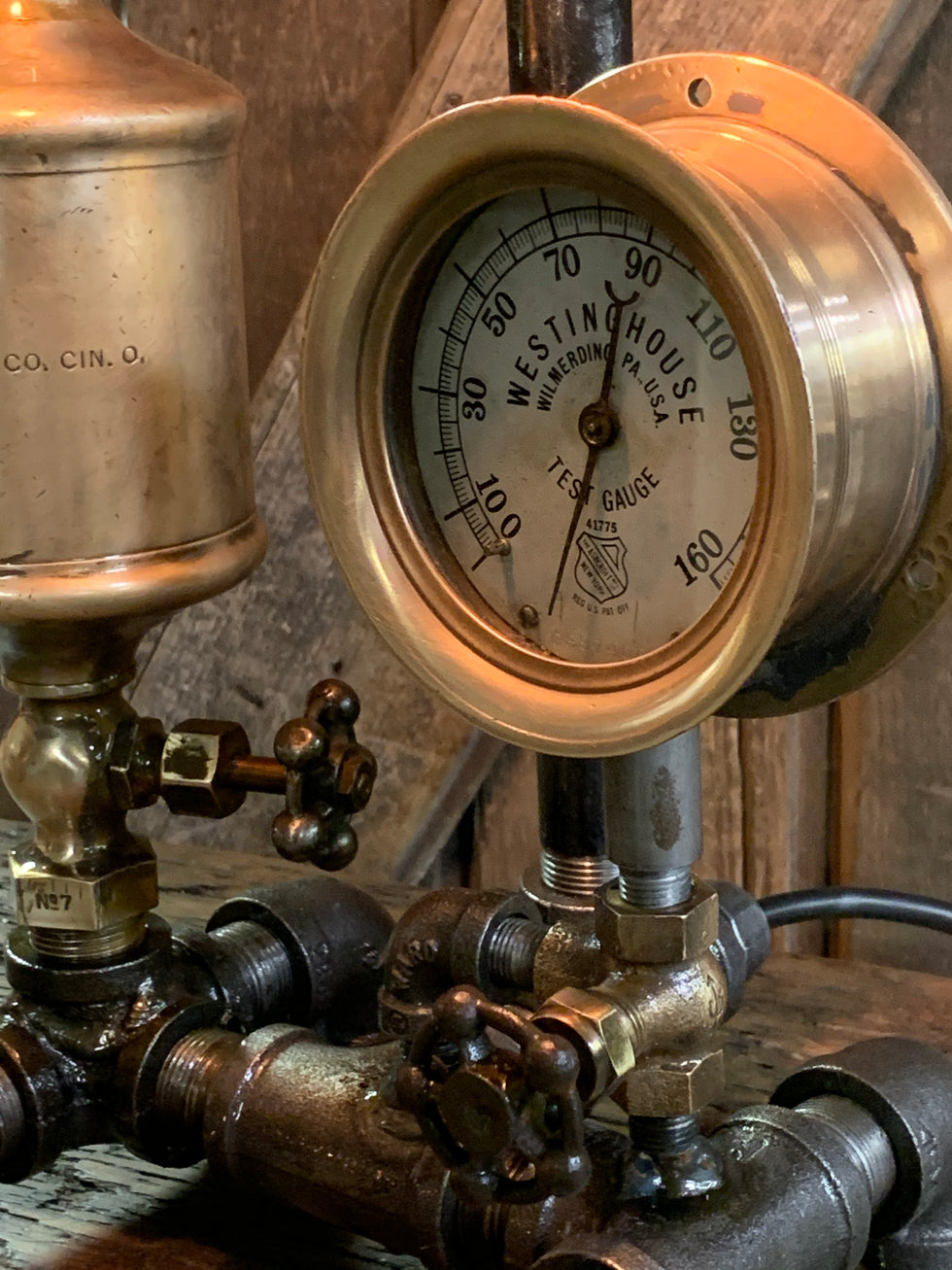 Steampunk Industrial / Antique Steam Gauge and Brass Oiler / Wilmerdin ...