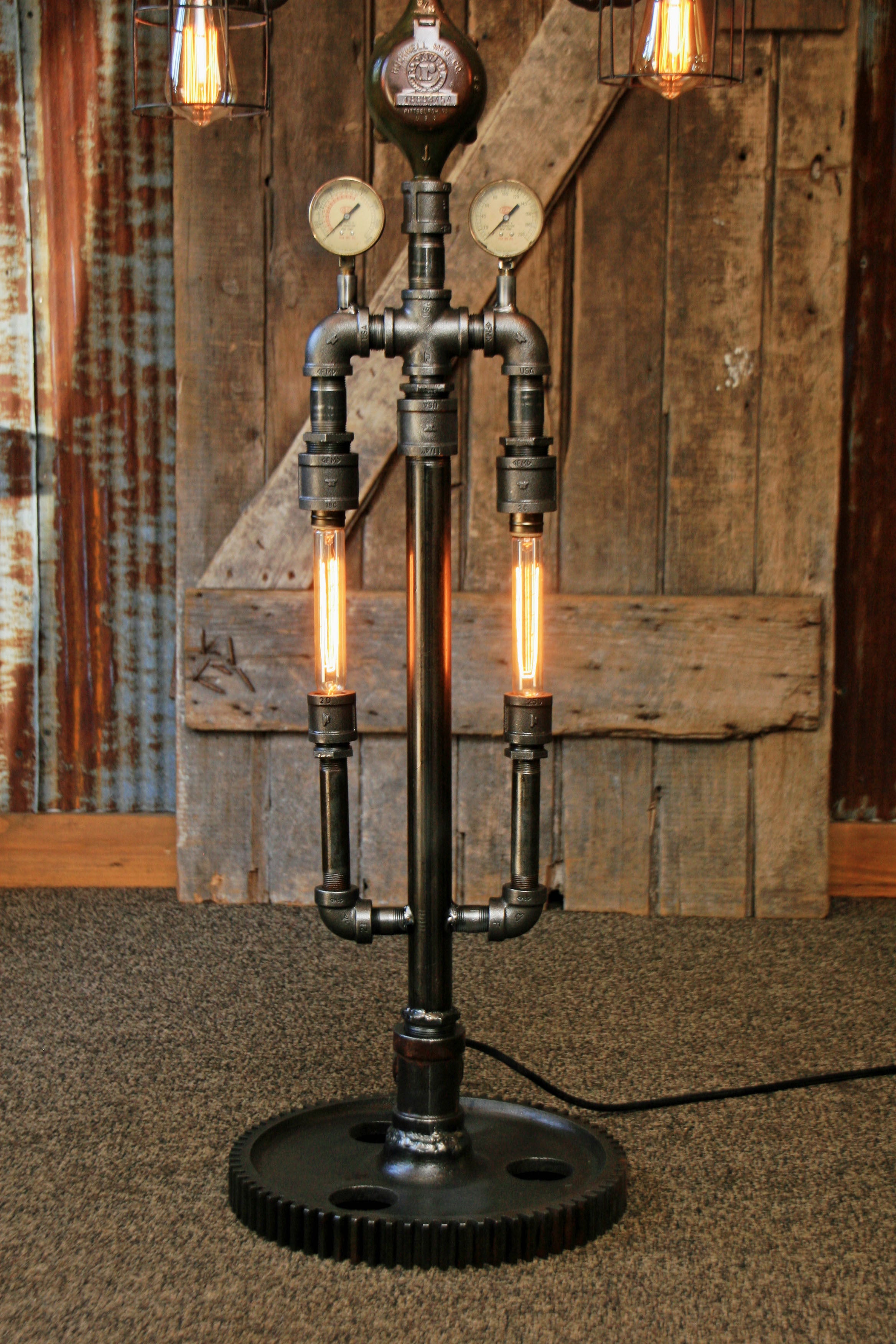 SteamPunk Industrial / Floor Lamp / Green Shade / Antique Steam Gauges / Gear #1534