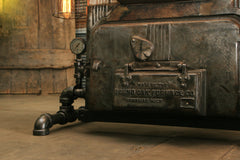 Steampunk Industrial / Antique Boiler Furnace Door Table / Round Oak / Barn Wood / Lamp #1705  sold