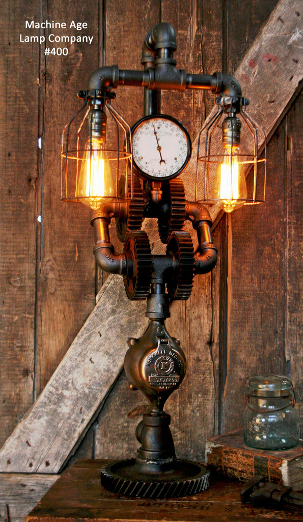 Steampunk Industrial Lamp, Steam Gauge & Gear  #400