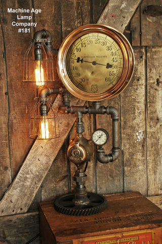 Steampunk Lamp, Antique 10" Steam Gauge and Gear Base #181 - SOLD