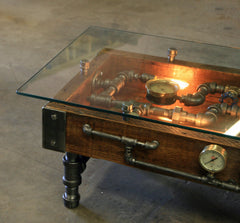 Steampunk Industrial Table / Coffee / Barn Wood / Gauges / Glass / Table #1750