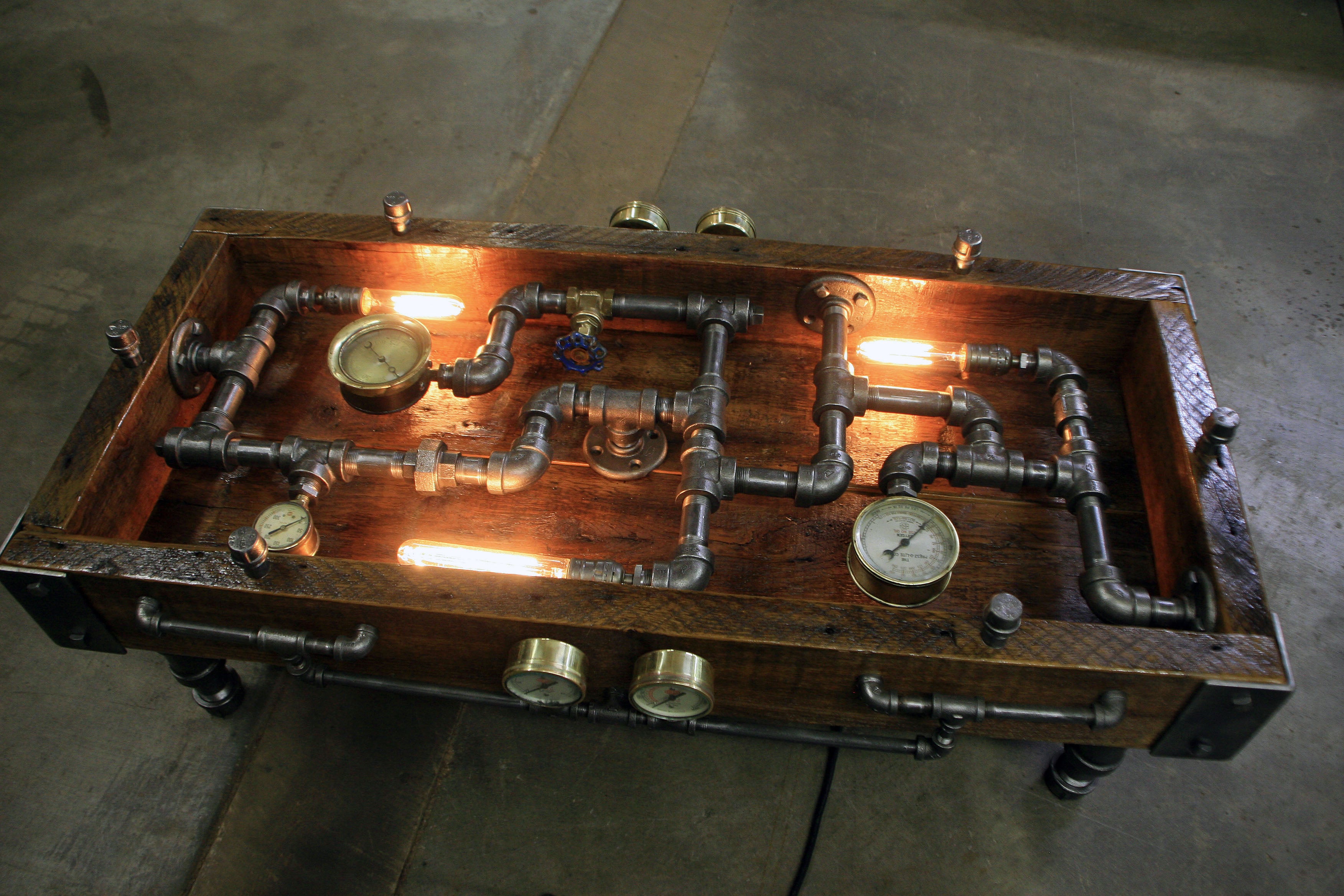 Steampunk Industrial Table / Coffee / Barn Wood / Gauges / Glass / Table #1750