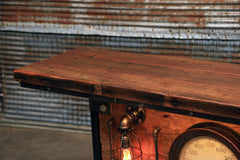 Steampunk Industrial Table, Lamp Stand, Console, Barn wood & Steam Gauge - #1733