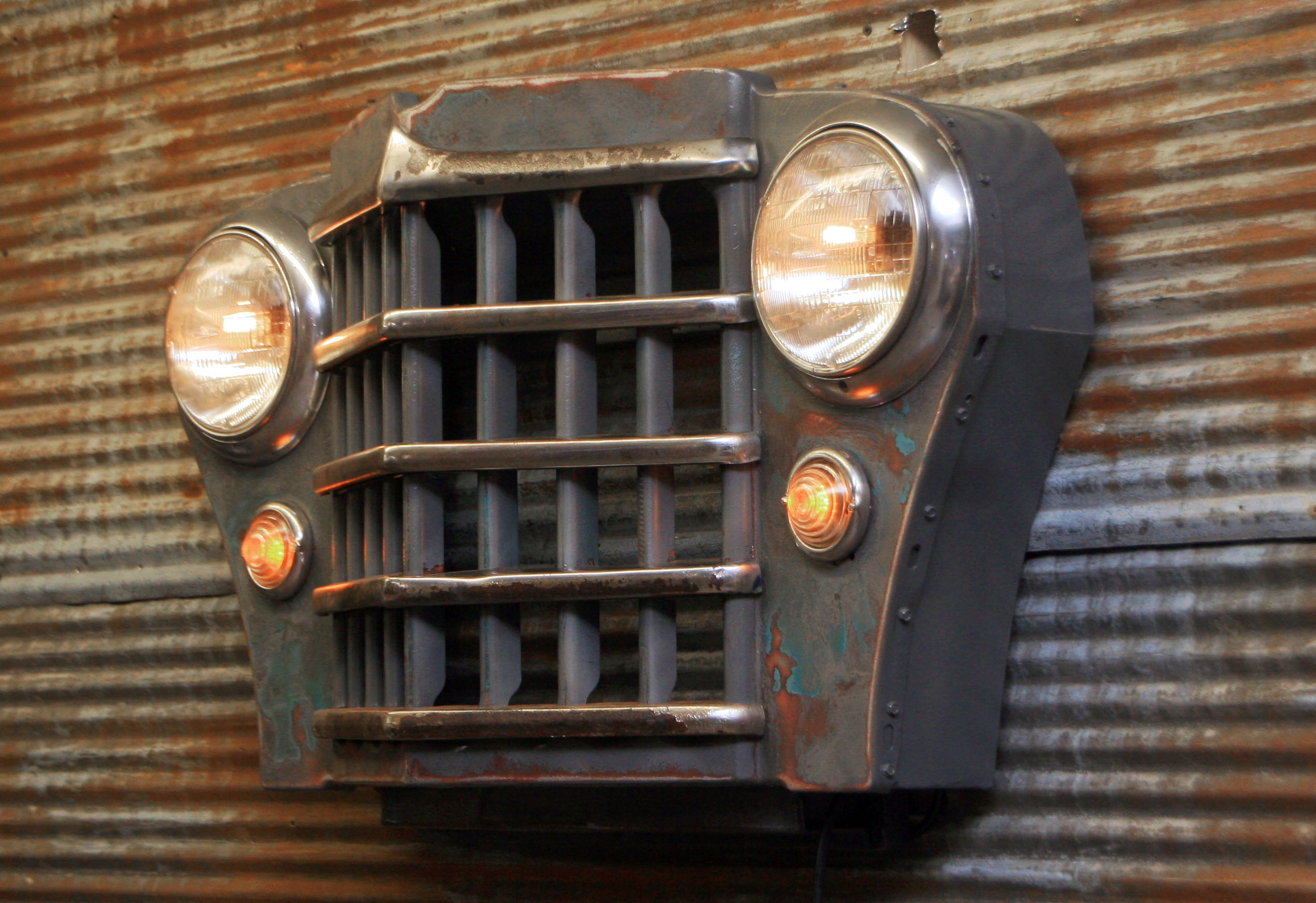 Steampunk Industrial Light / Antique CJ Willys Jeep Grille / Wall Sconce Hanger / Lamp #1914