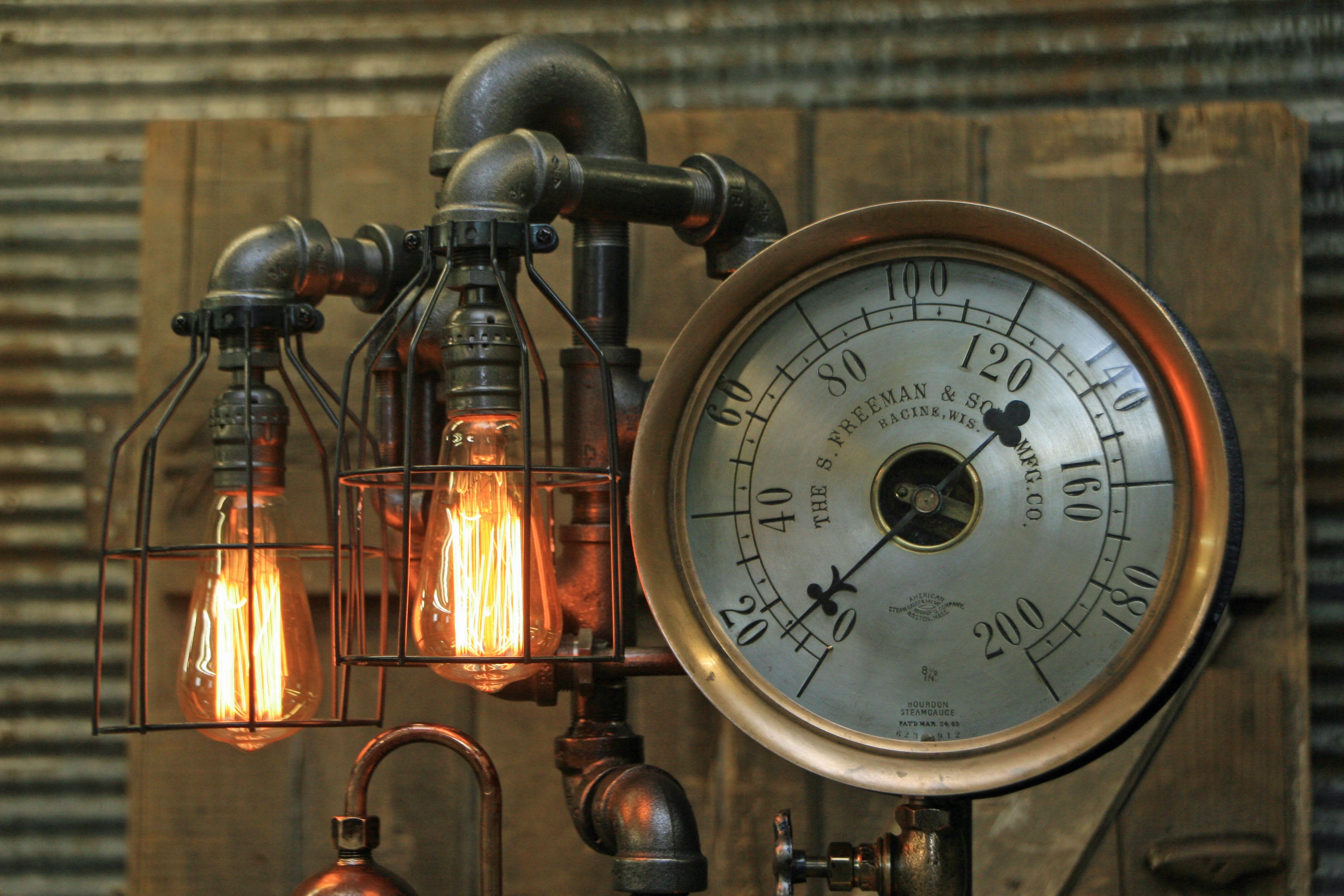 Steampunk Industrial Lamp / Antique Steam Gauge / Brass Oiler / Gear / Racine Wi / Lamp #1755