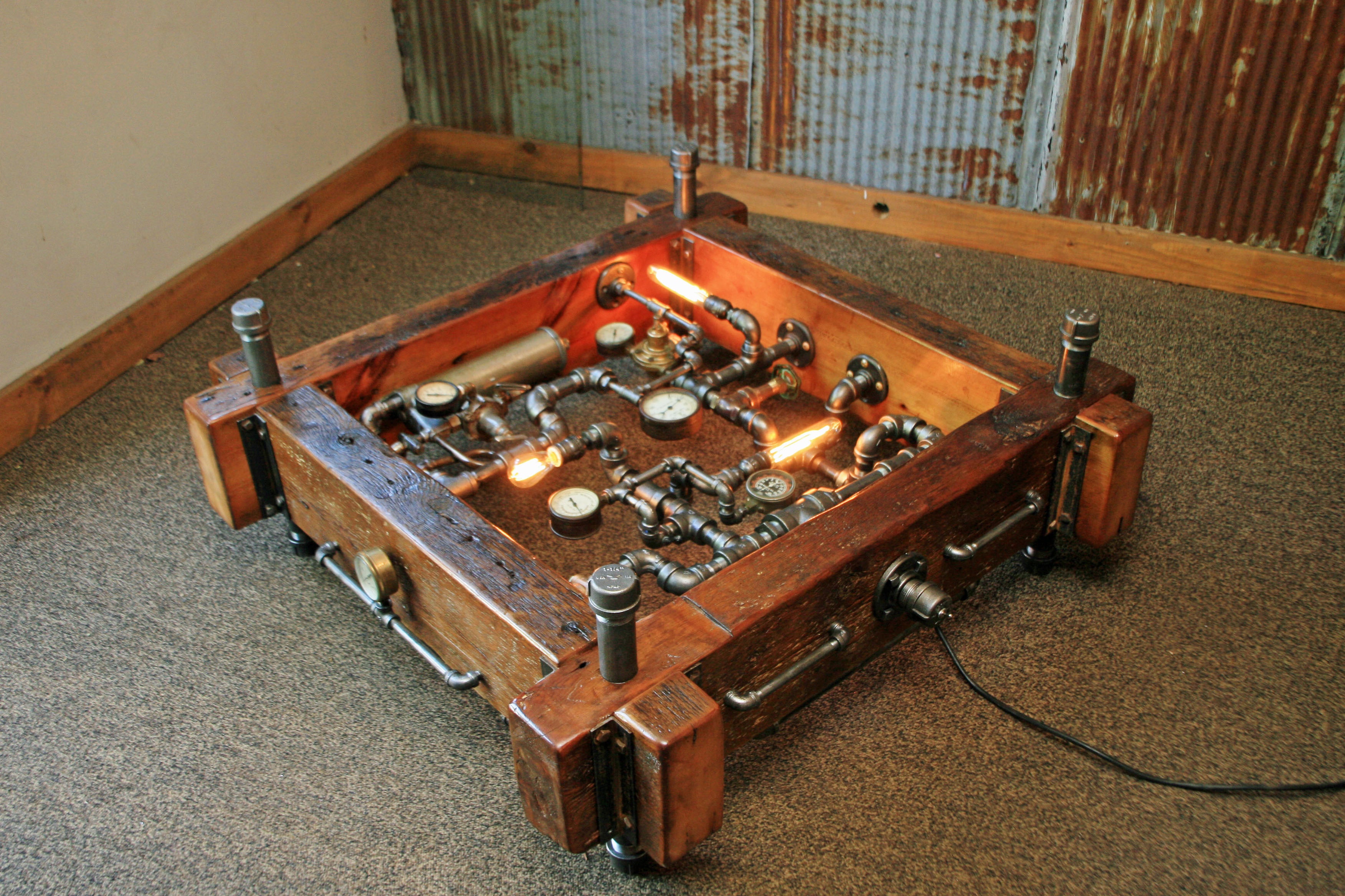 Steampunk Industrial Table / Coffee / Barn Wood / Gauges / Table #1513