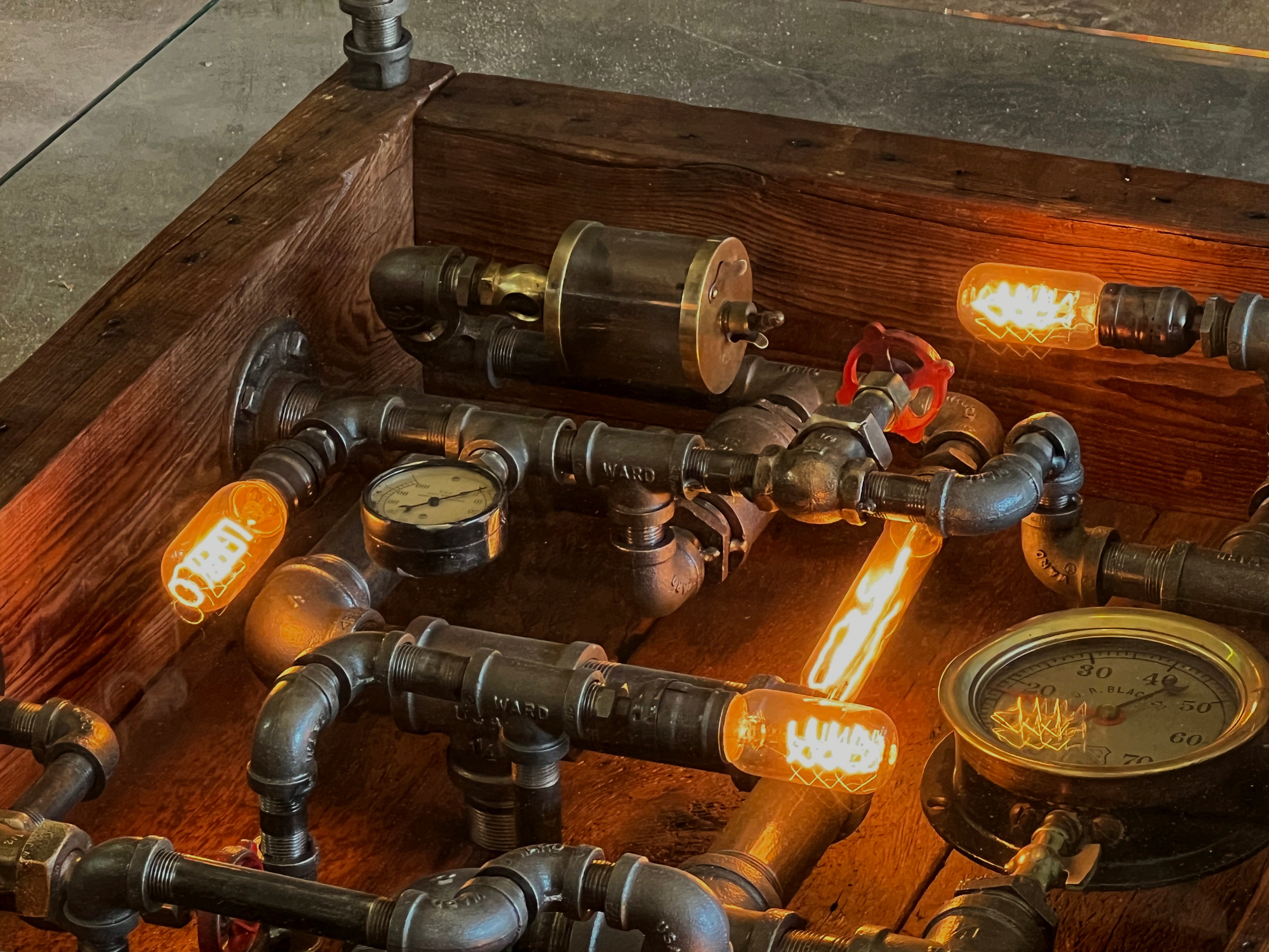 Steampunk Industrial Barnwood Coffee Table Steam Gauge #4065