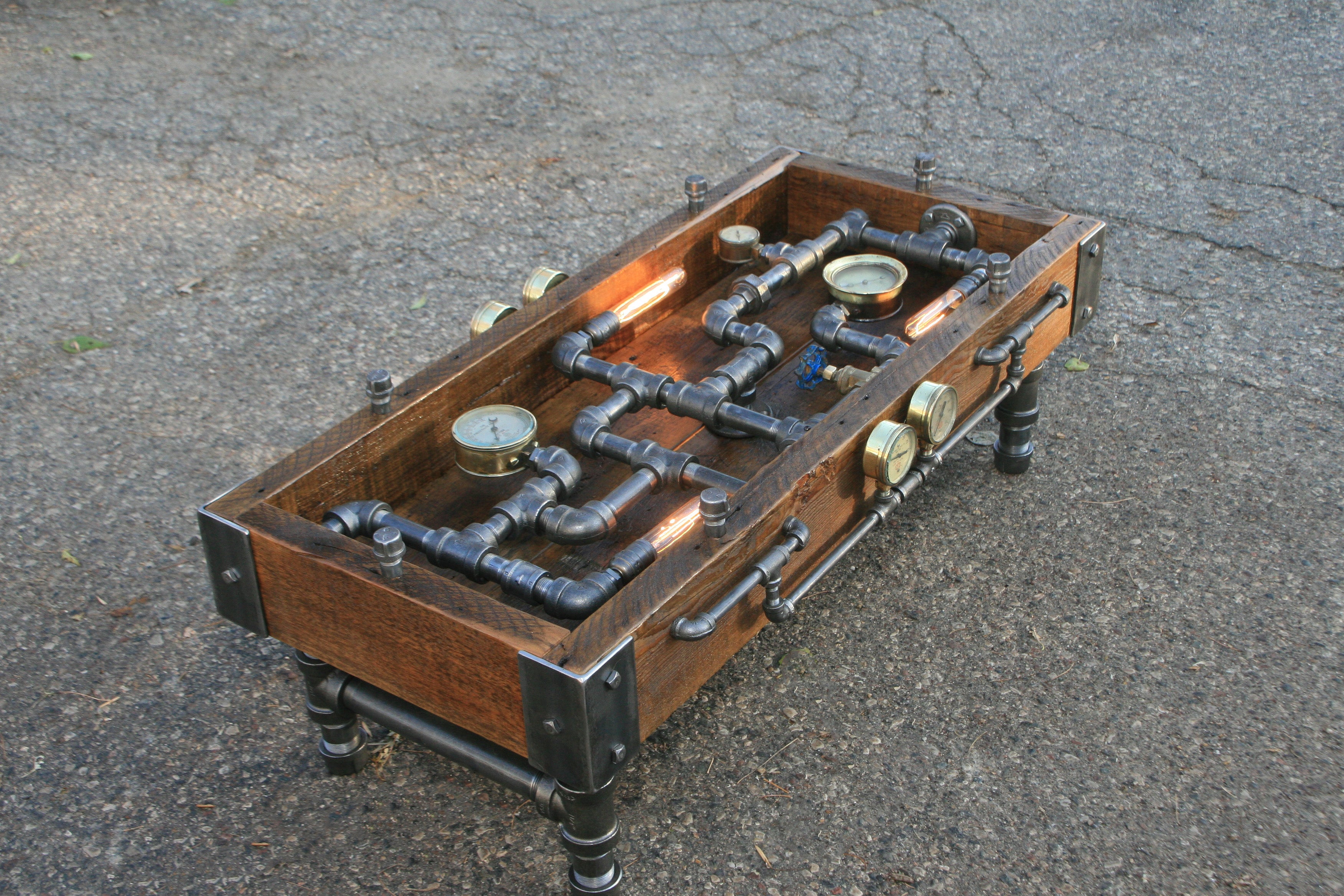 Steampunk Industrial Table / Coffee / Barn Wood / Gauges / Glass / Table #1750