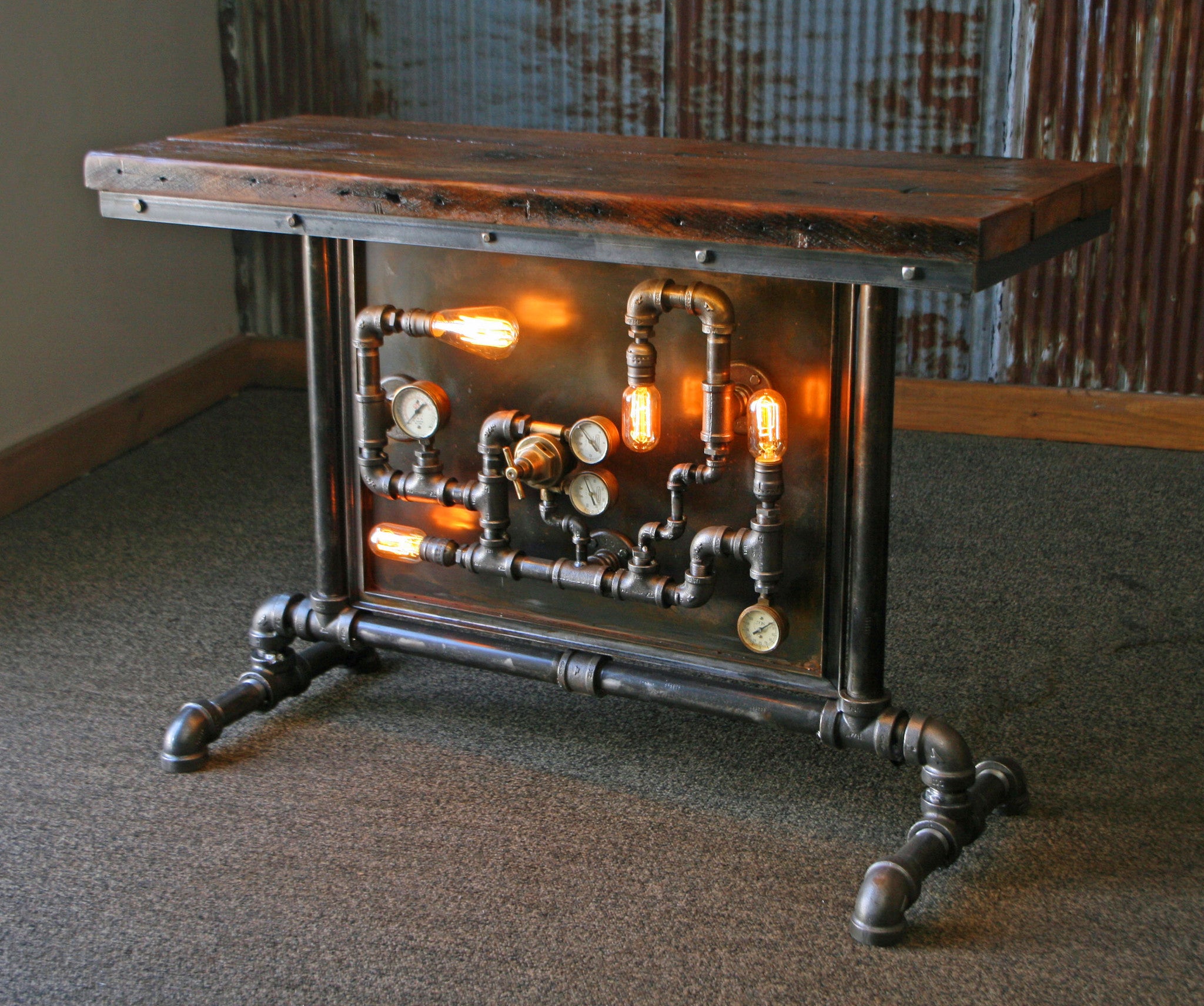 Steampunk Industrial Table / Pipes / Steam Gauge / Barn wood / Table #1468