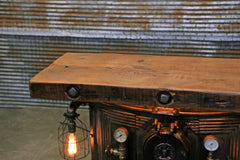 Industrial Steampunk Table / Antique Barnwood / Steam Gauges / Round Oak Boiler Stove / Table 1812