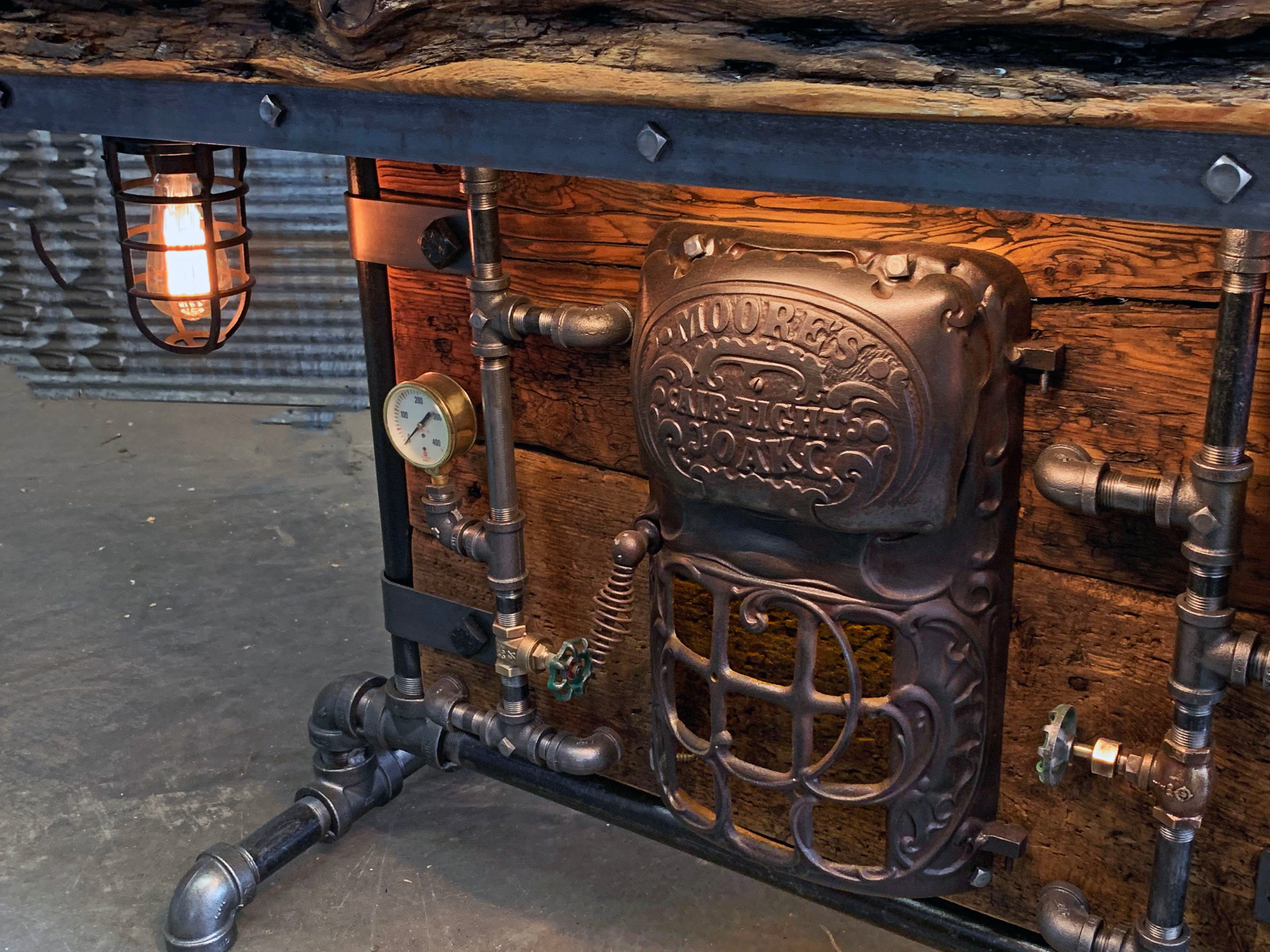 Steampunk Industrial Table / Antique Barn Wood / Furnace Door / Hallway Sofa Table #3037