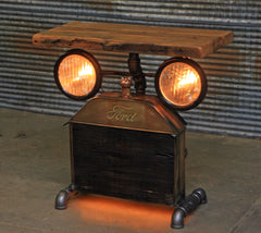 Steampunk Industrial Table / Antique Ford Model T Radiator and Headlamps / Barnwood / Table #1906