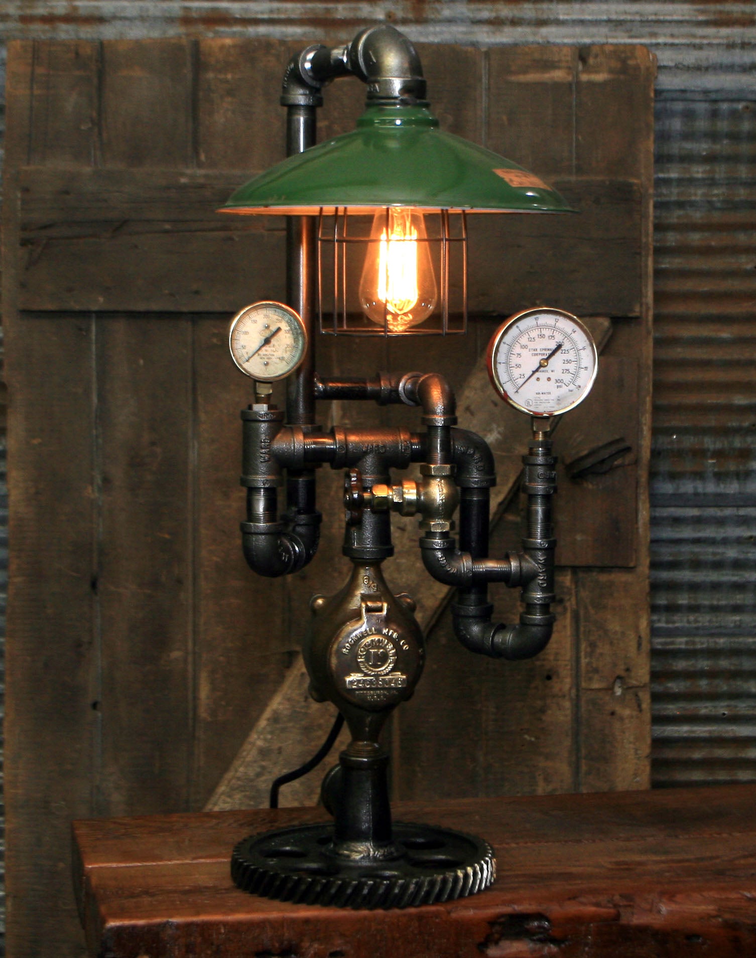 Steampunk Industrial Lamp / Antique Steam Gauge / Antique Service Station Shade / Gear / Lamp #4014