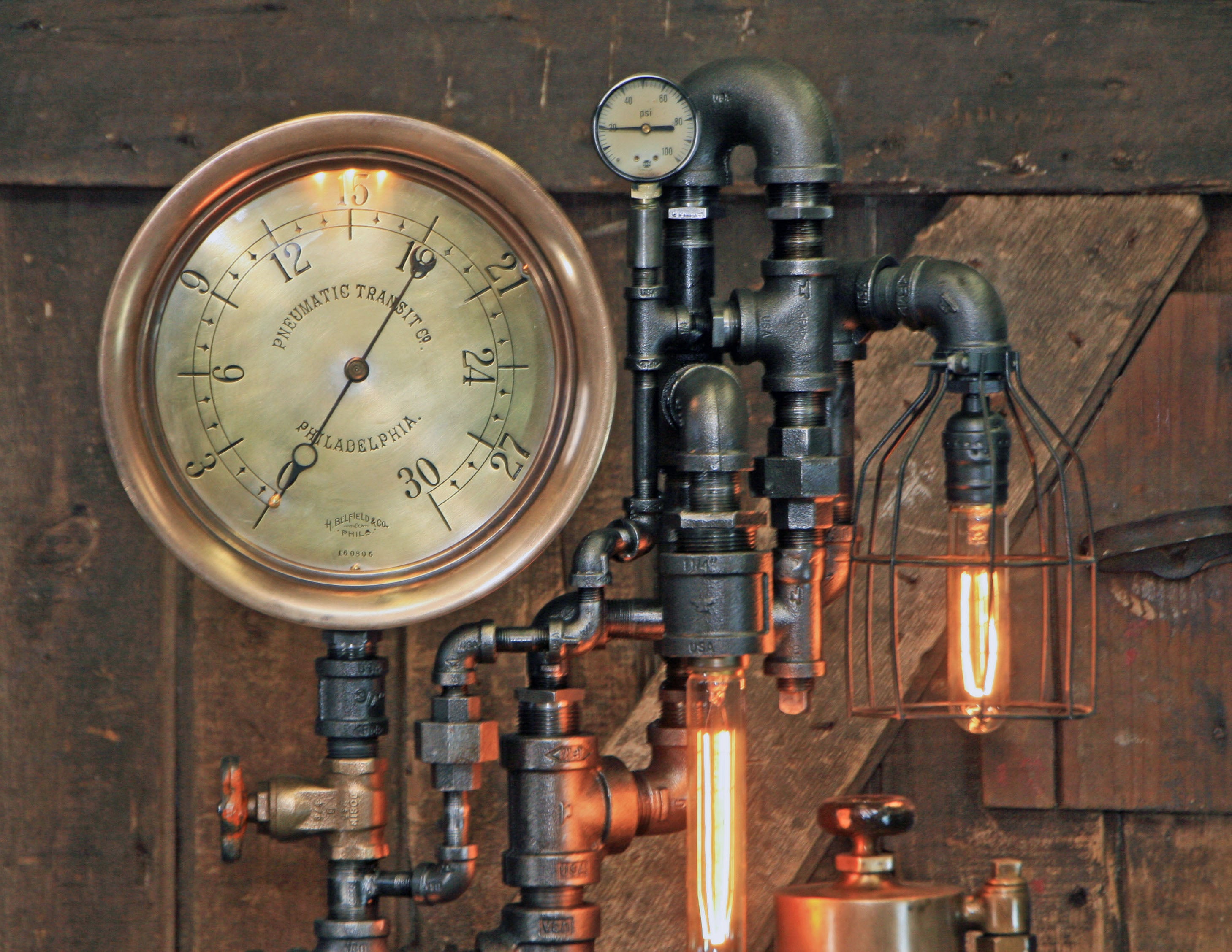 Steampunk Industrial / Antique 10" Steam Gauge / Philadelphia / Gear / Lamp #2425