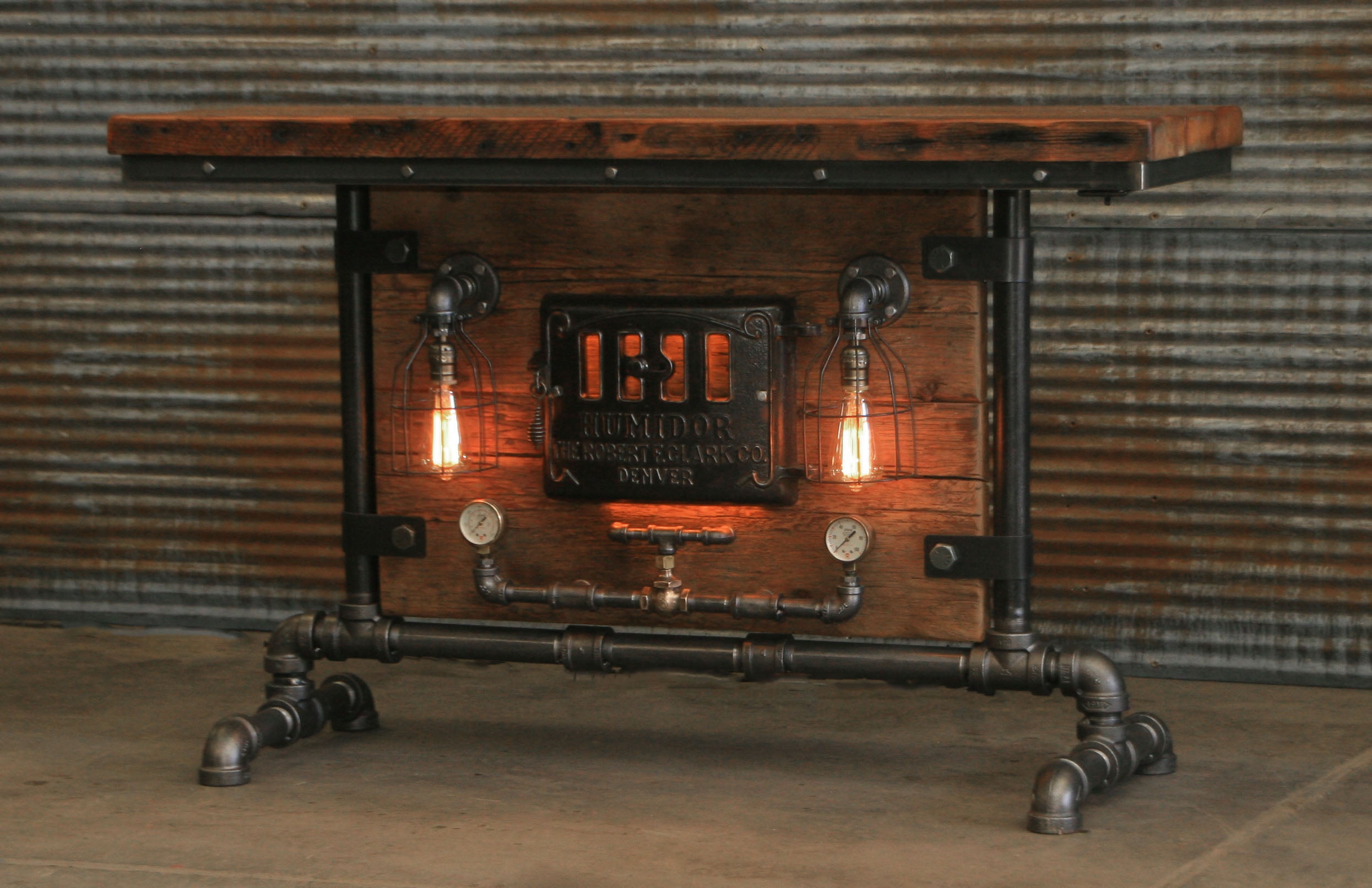 Steampunk Industrial Table / Pub, sofa console / Antique Furnace Door / Barnwood / Table #1950
