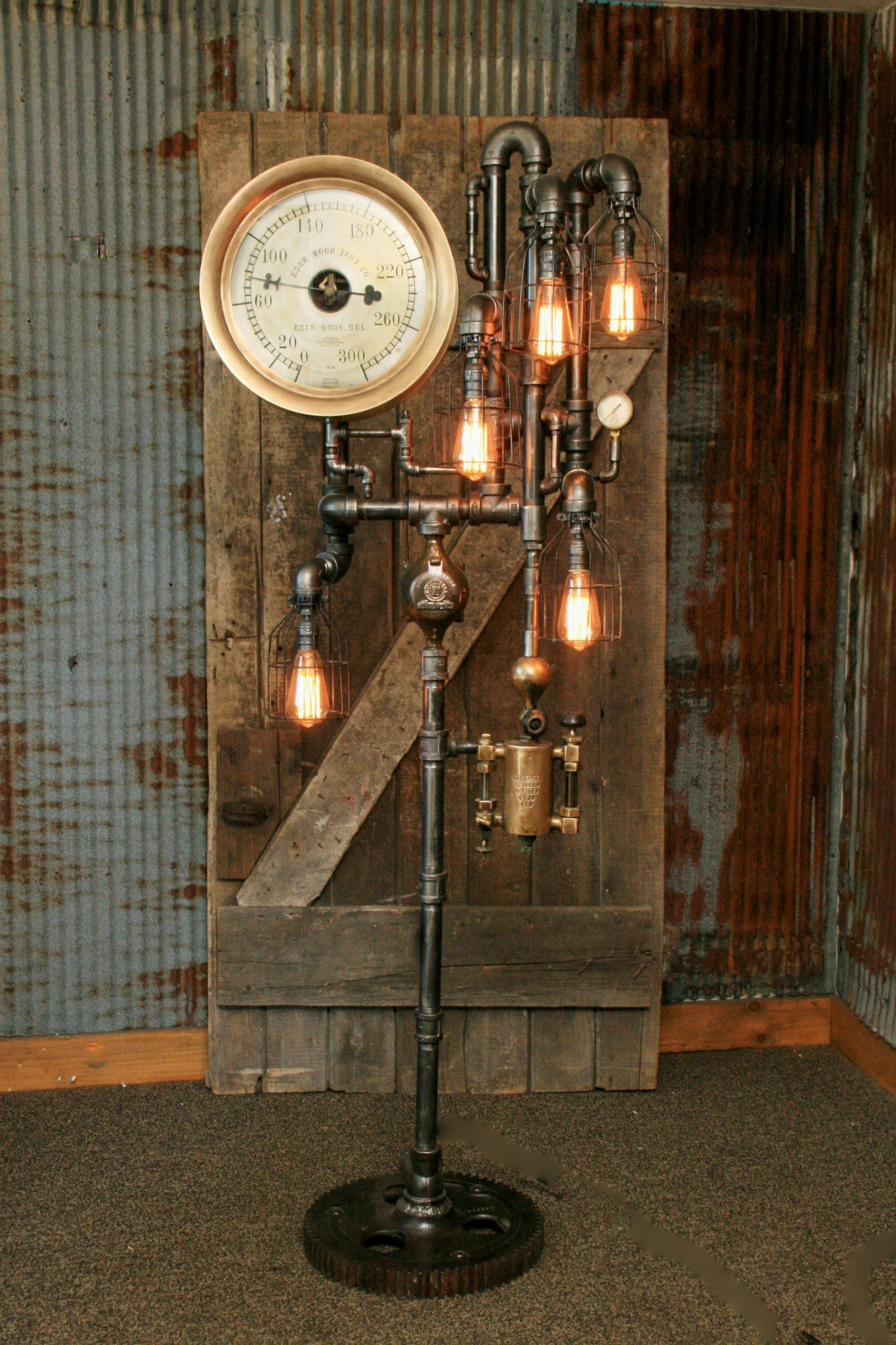 Steampunk Industrial Floor Lamp, Steam Gauge, Oiler  #902