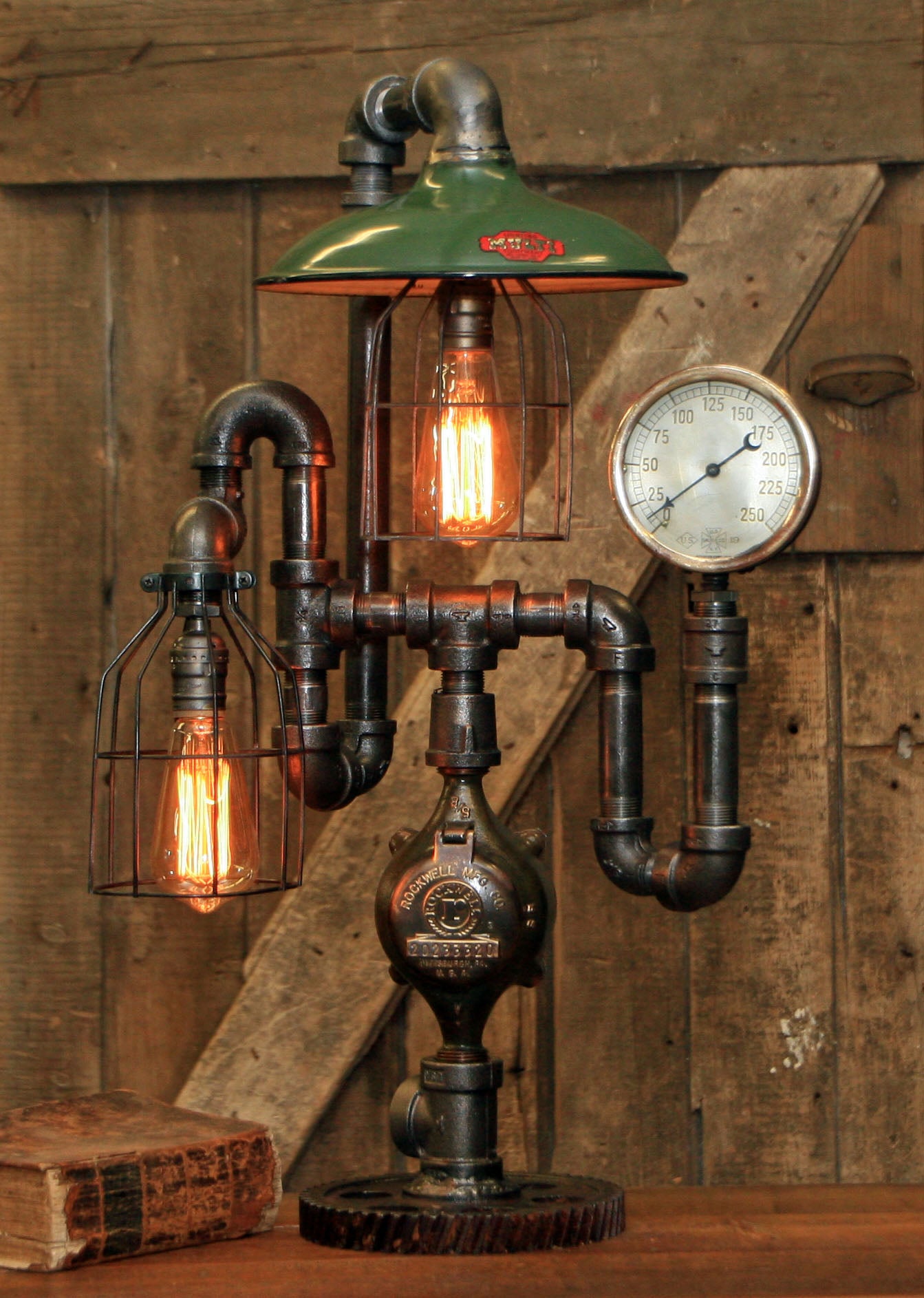 Steampunk Industrial Lamp / Antique Steam Gauge / Antique Service Station Shade / Gear / Lamp #1738