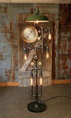 SteamPunk Industrial / Floor Lamp / Green Shade / Antique Steam Gauges / Gear #1534