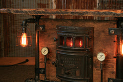 Antique Steampunk Industrial Boiler Door Table Stand, Reclaimed Wood Top - #1005