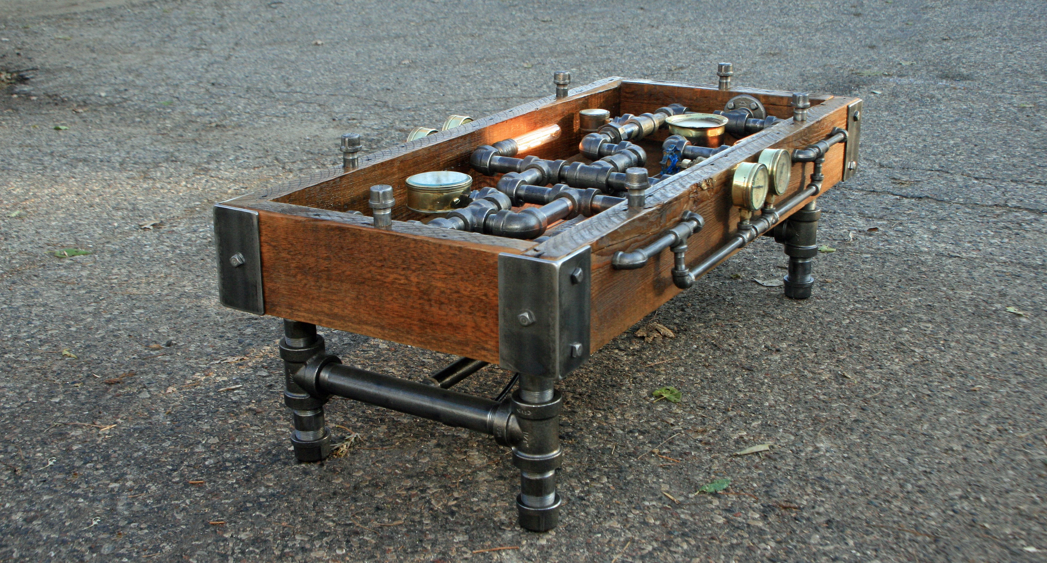 Steampunk Industrial Table / Coffee / Barn Wood / Gauges / Glass / Table #1750