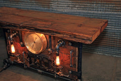 Antique Steampunk Industrial Boiler Door Table Stand / Steam Gauge   / Reclaimed BarnWood Top - #2794