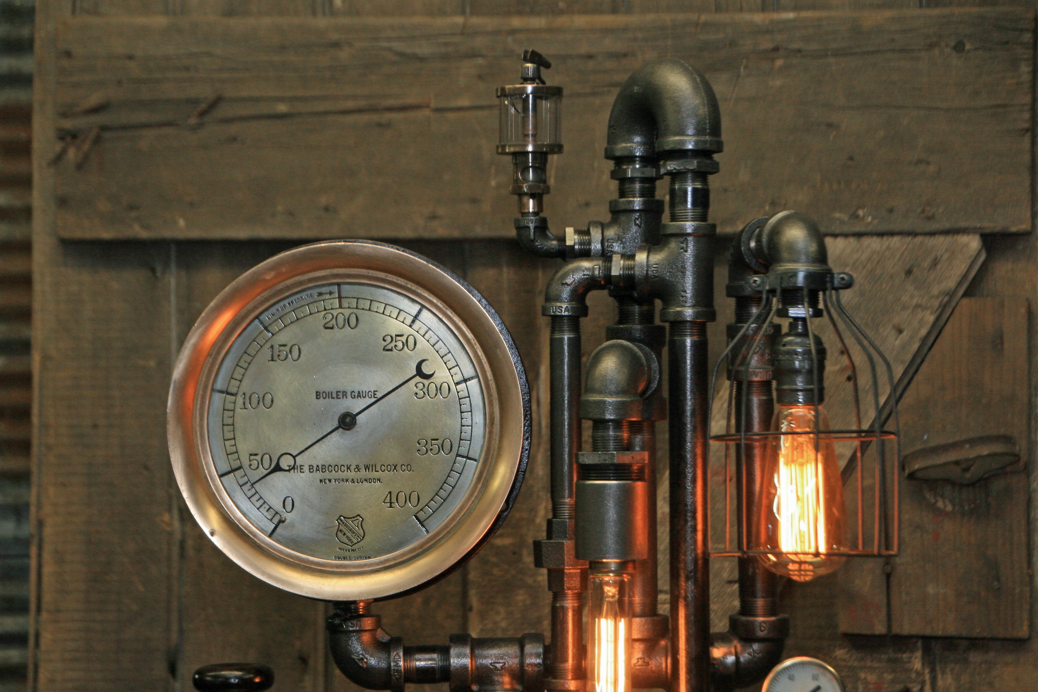 Steampunk Industrial Machine Age Lamp / Steam Gauge / Oiler / Gear / New York / Lamp #2279
