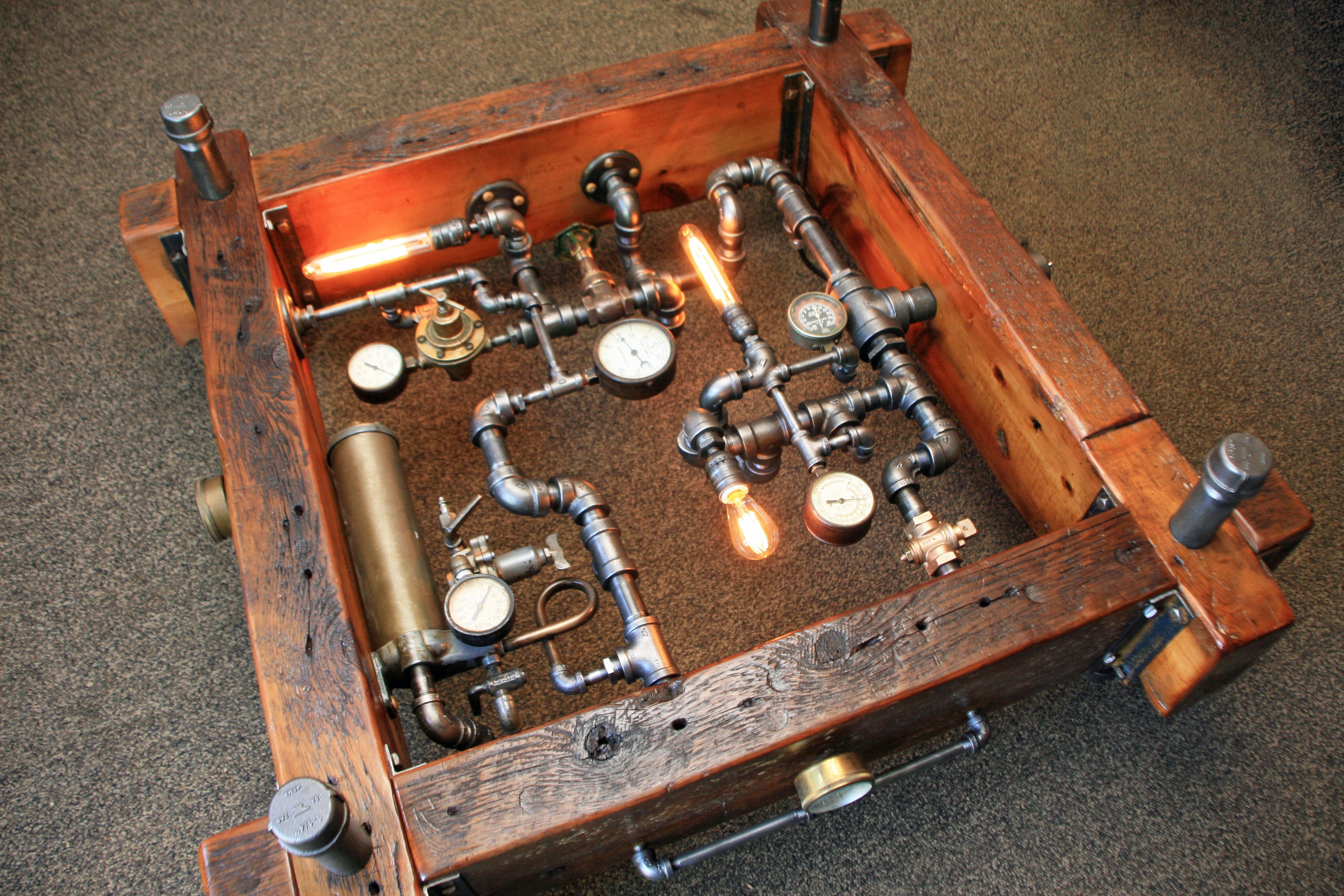 Steampunk Industrial Table / Coffee / Barn Wood / Gauges / Table #1513