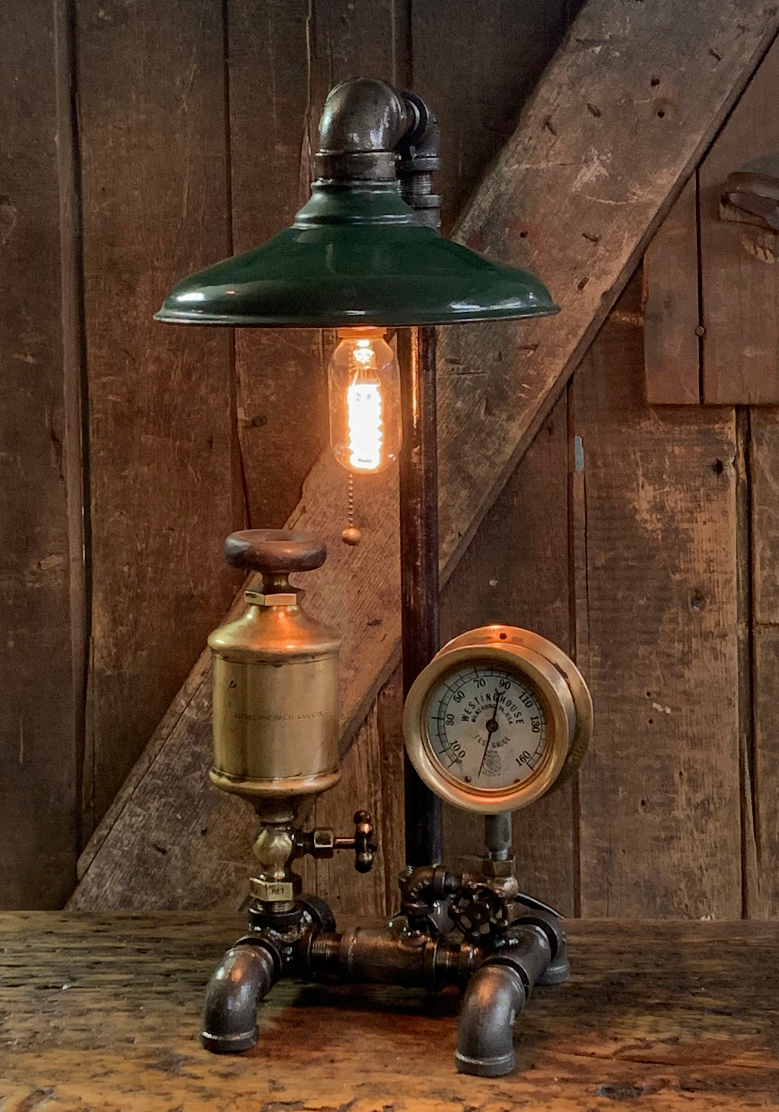 Steampunk Industrial / Antique Steam Gauge and Brass Oiler / Wilmerding / Lamp #3111