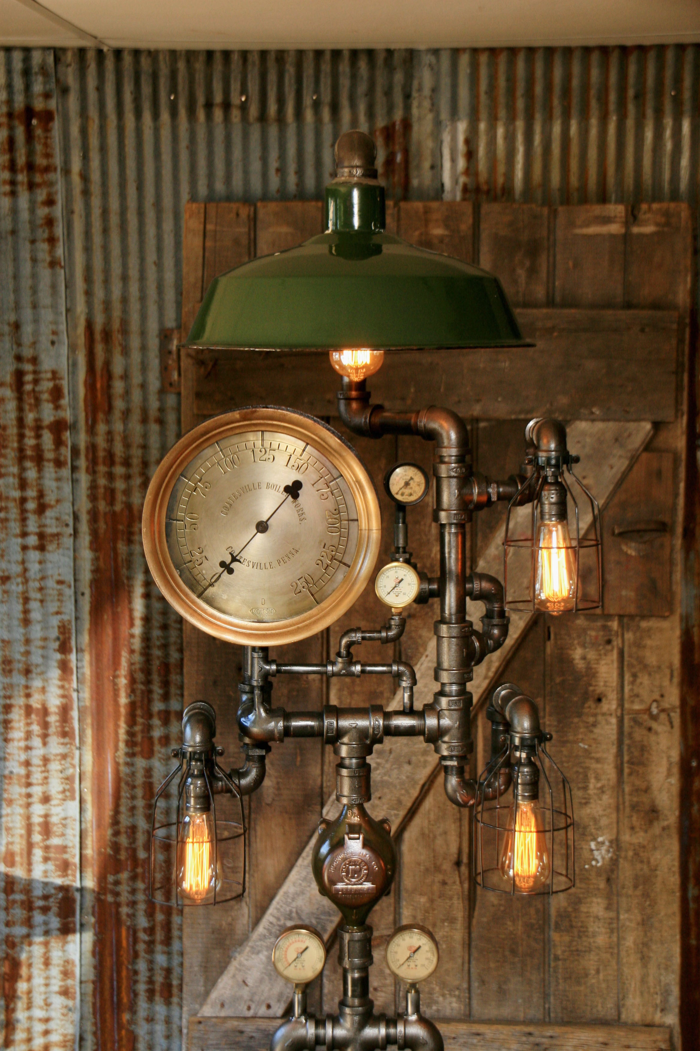 SteamPunk Industrial / Floor Lamp / Green Shade / Antique Steam Gauges / Gear #1534