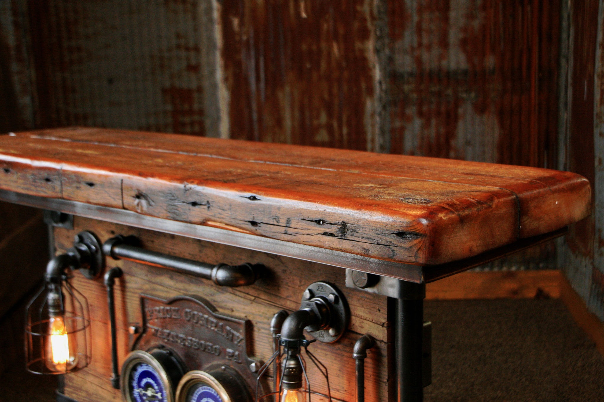 Industrial, Barn wood and Iron Frick Co Steam Gauge Table, Lamp Stand  #823