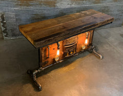 Antique Steampunk Industrial Boiler Door Table Stand / Round Oak / Reclaimed BarnWood Top - #2774