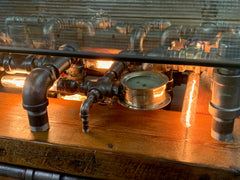 Steampunk Industrial Barnwood Coffee Table / Machine Age Lamps / Steam Gauge Table  #2517