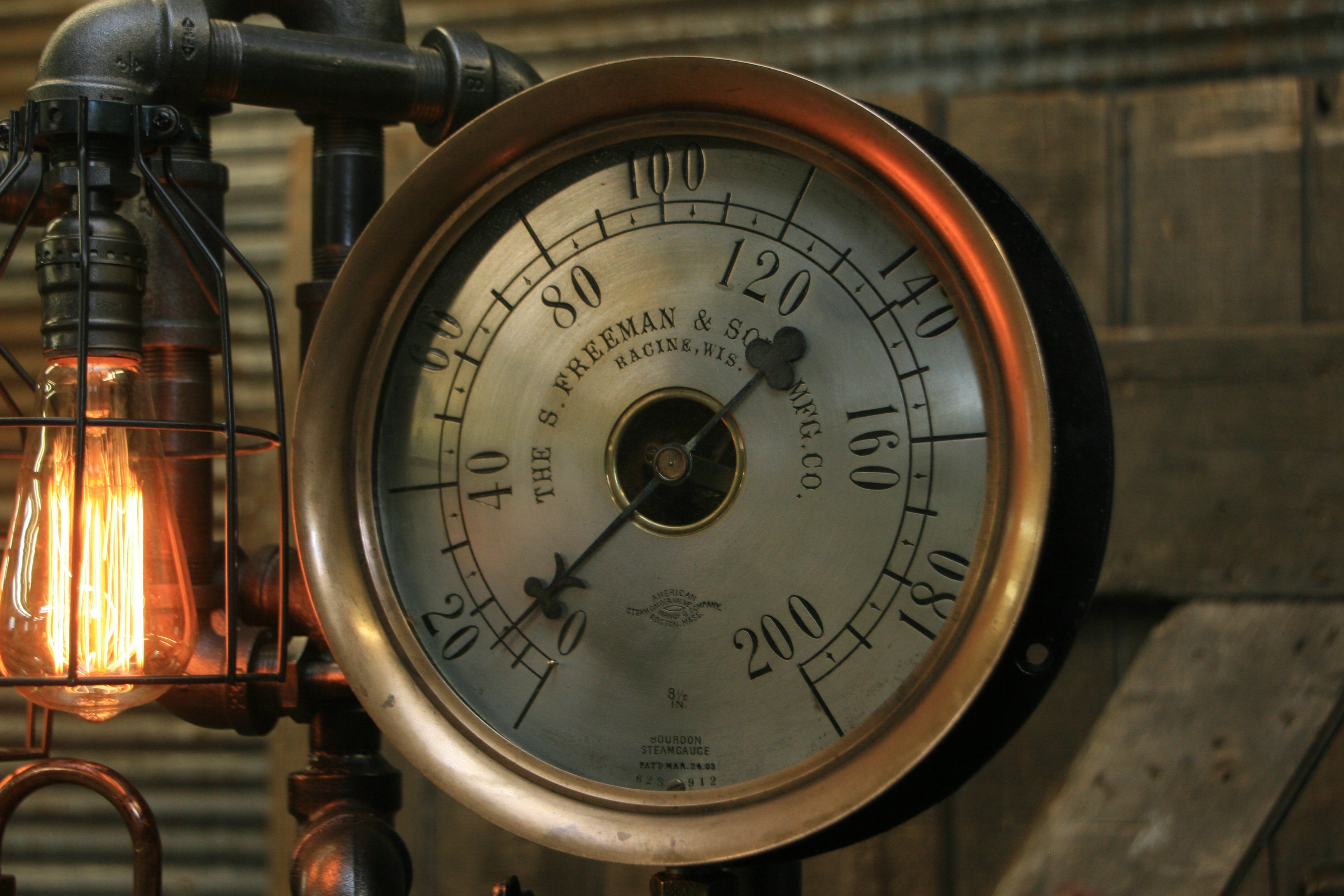 Steampunk Industrial Lamp / Antique Steam Gauge / Brass Oiler / Gear / Racine Wi / Lamp #1755