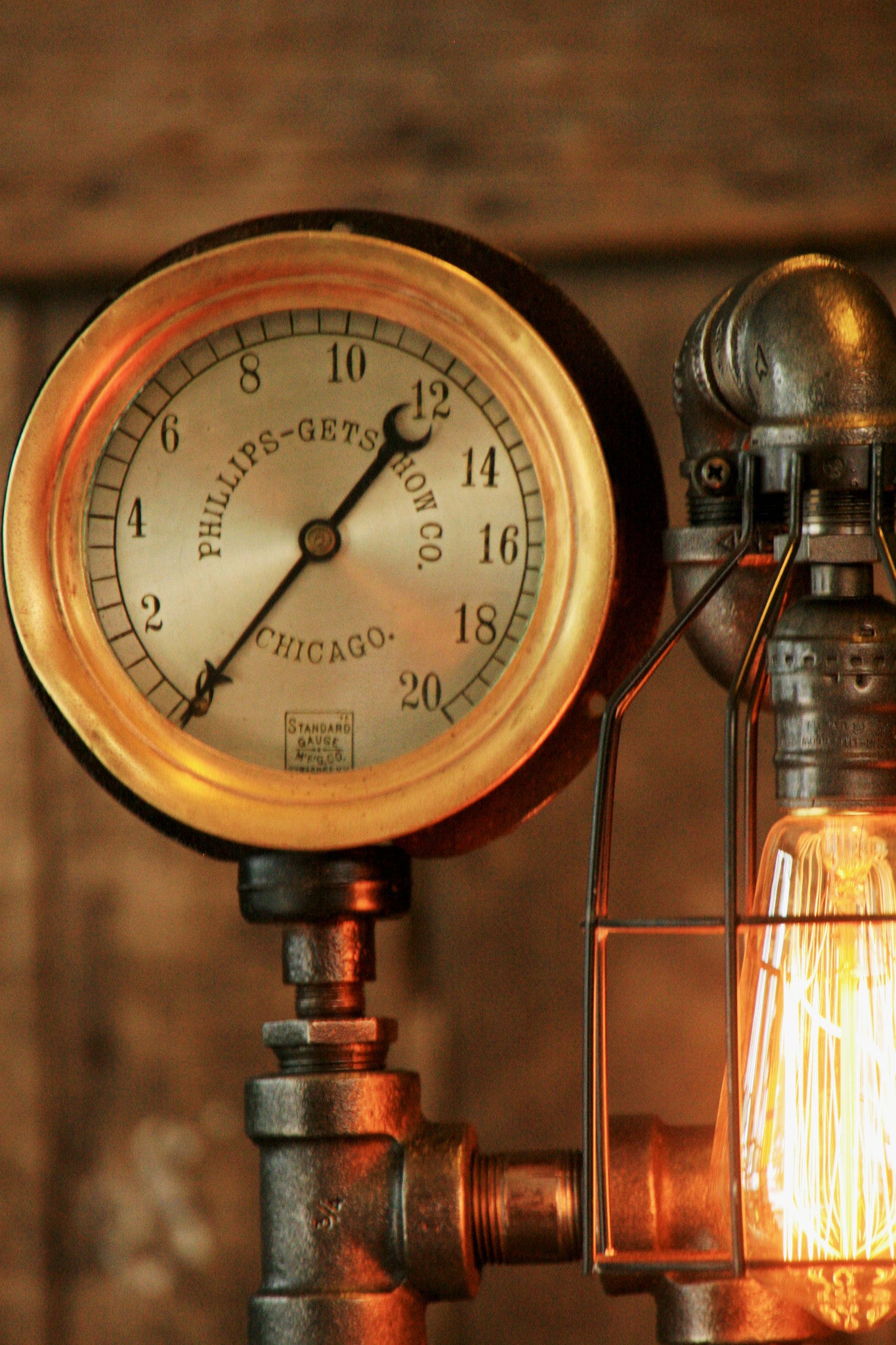 Steampunk Industrial Pipe Lamp, Antique Steam Gauge - #954