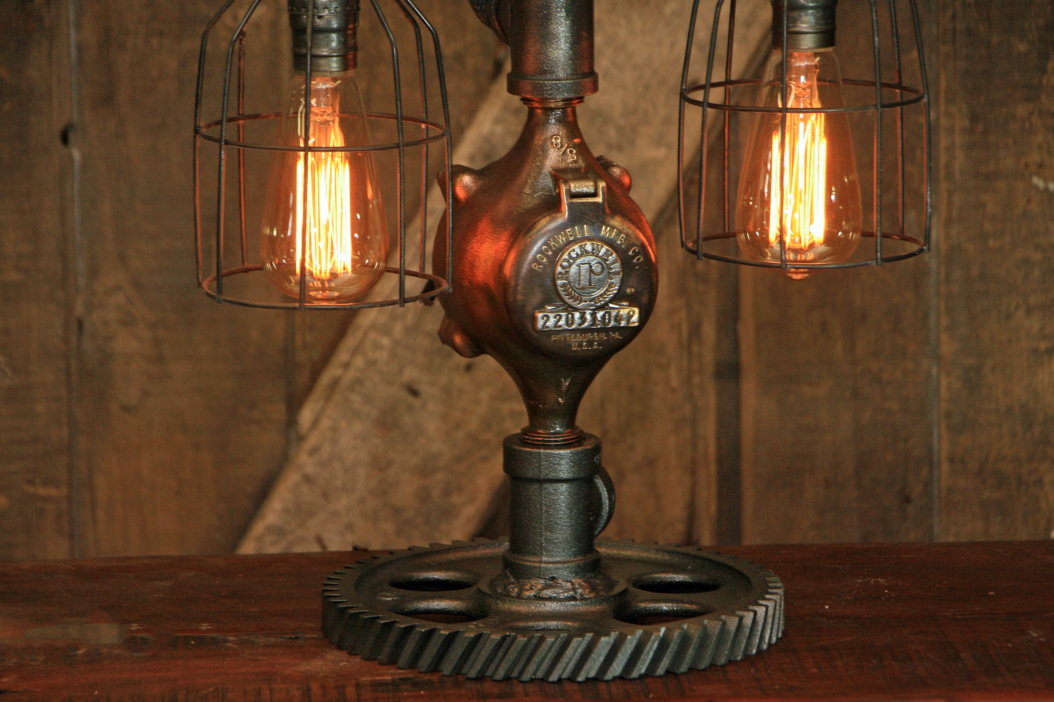 Steampunk Industrial / Antique 10" Steam Gauge / Gear Base / Lamp #2423