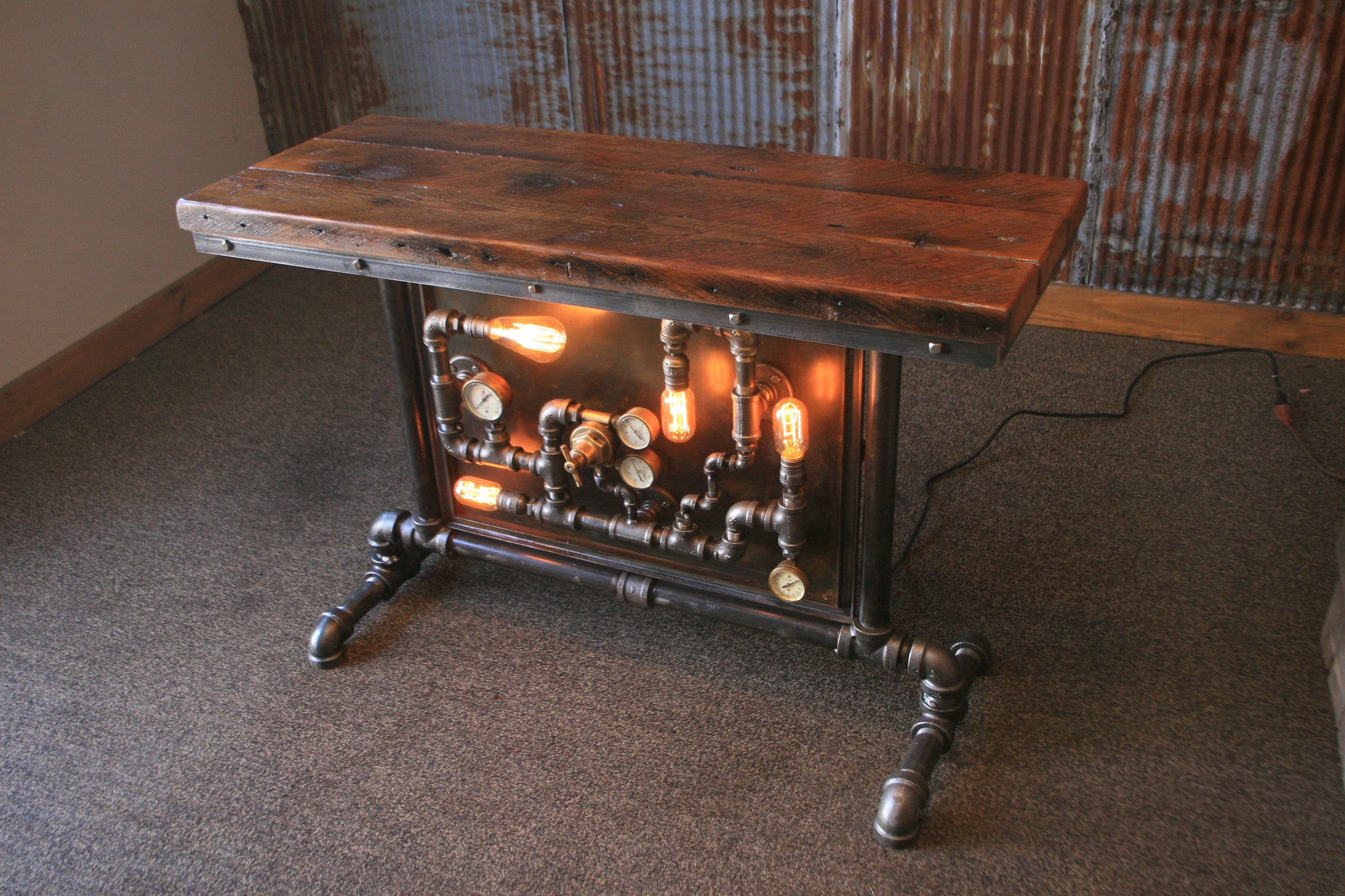Steampunk Industrial Table / Pipes / Steam Gauge / Barn wood / Table #1468