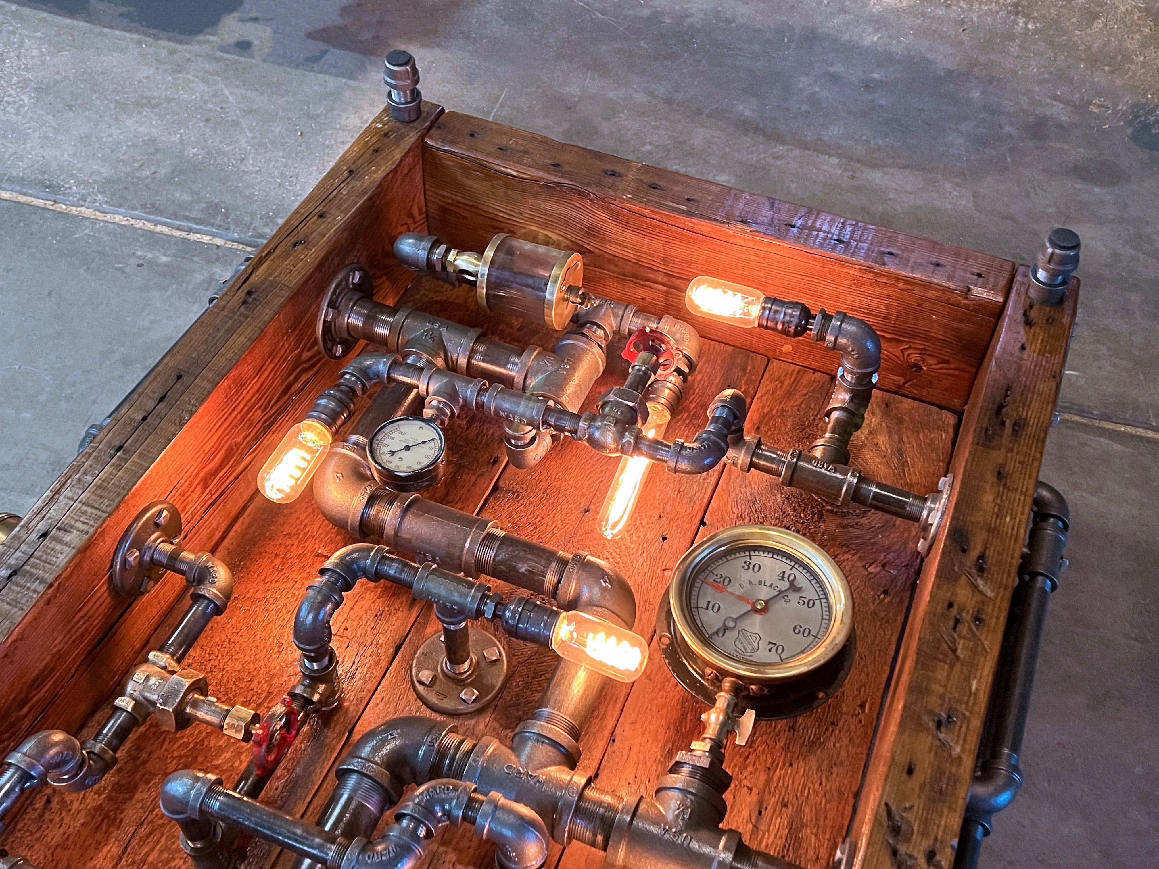 Steampunk Industrial Barnwood Coffee Table Steam Gauge #4065