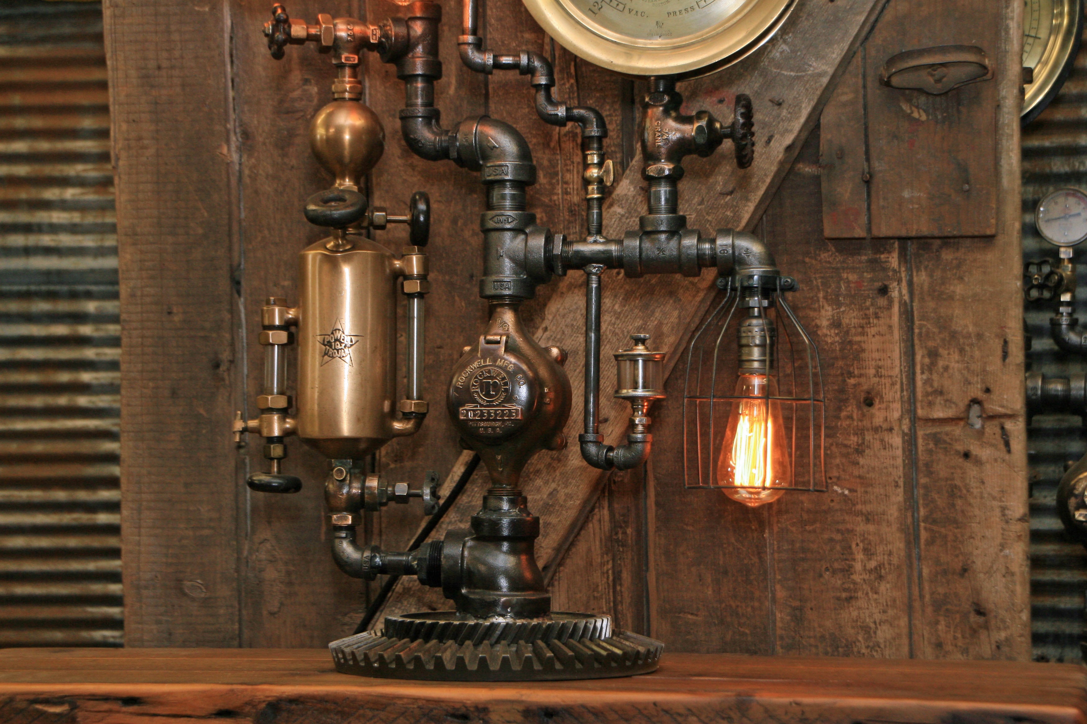 Steampunk Industrial / Antique Steam Gauge and Brass Oiler / Portland ME / Lamp #1824