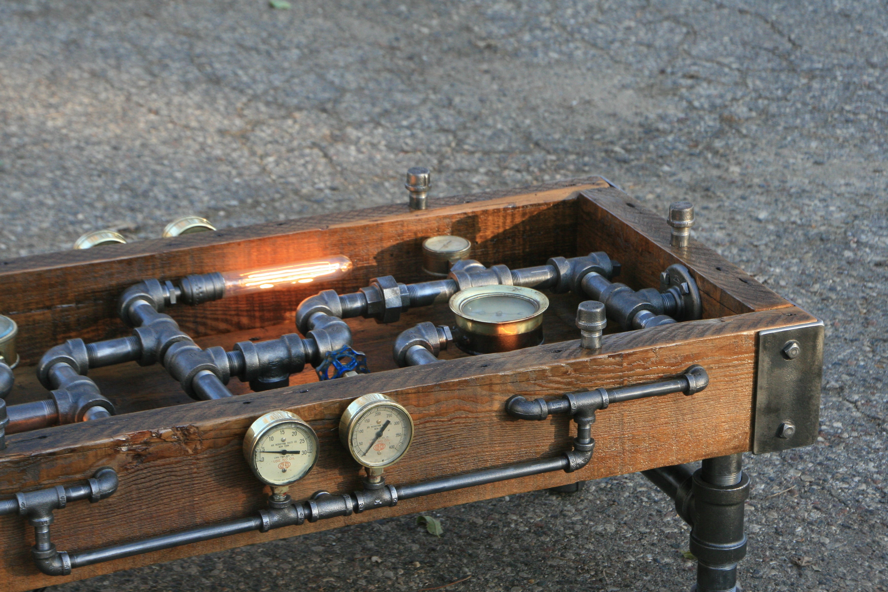 Steampunk Industrial Table / Coffee / Barn Wood / Gauges / Glass / Table #1750