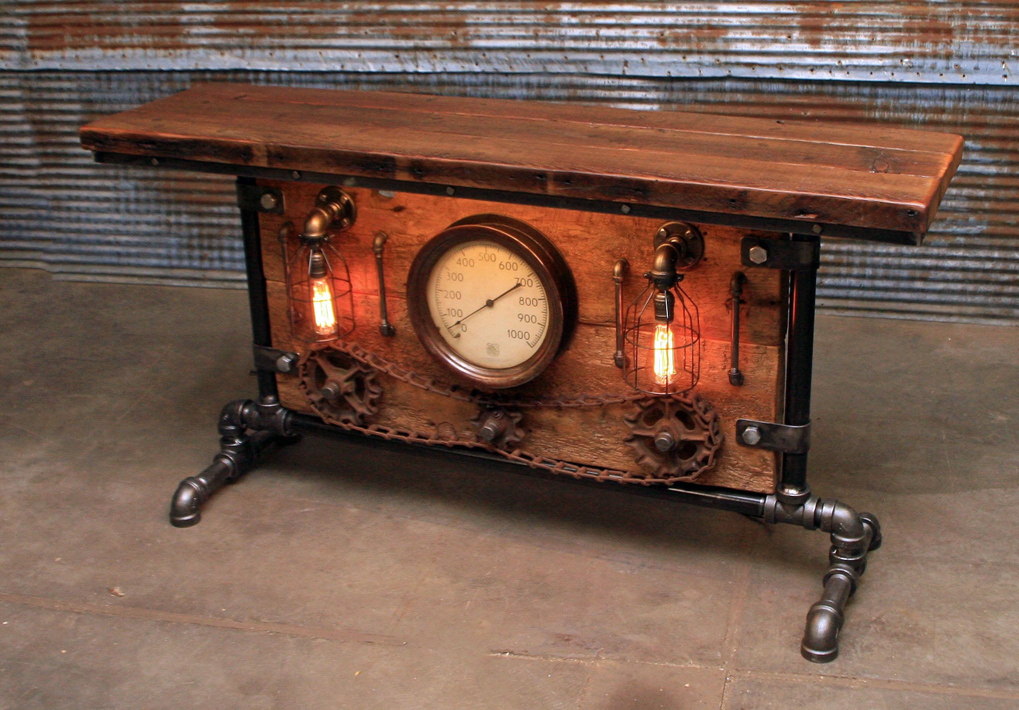 Steampunk Industrial Table, Lamp Stand, Console, Barn wood & Steam Gauge - #1733