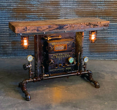 Steampunk Industrial Table / Pub, sofa console / Antique Furnace Door / Barnwood / Minneapolis / Table #2832 sold
