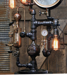 Steampunk Industrial Lamp / Antique Steam Gauge / Brass Oiler / Gear / Racine Wi / Lamp #1755