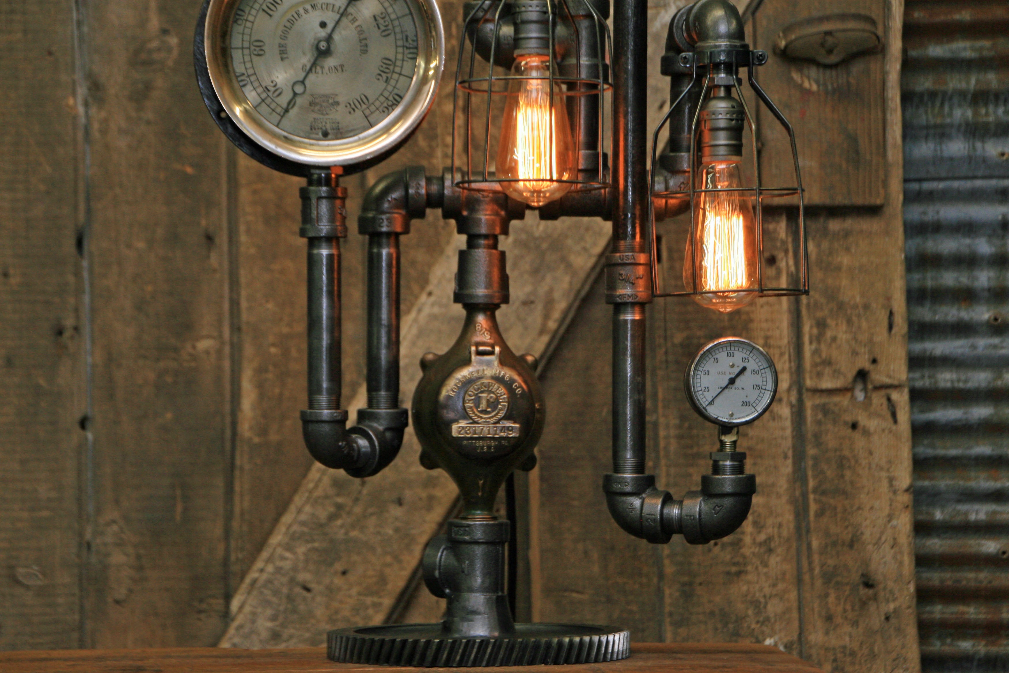 Steampunk Industrial / Steam Gauge Lamp / Gear / Goldie Mcculloch / Galt Ont Canada / Lamp #1836