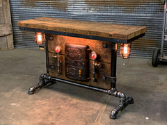 Antique Steampunk Industrial Boiler Door Table Stand, Reclaimed Wood Top - #2719