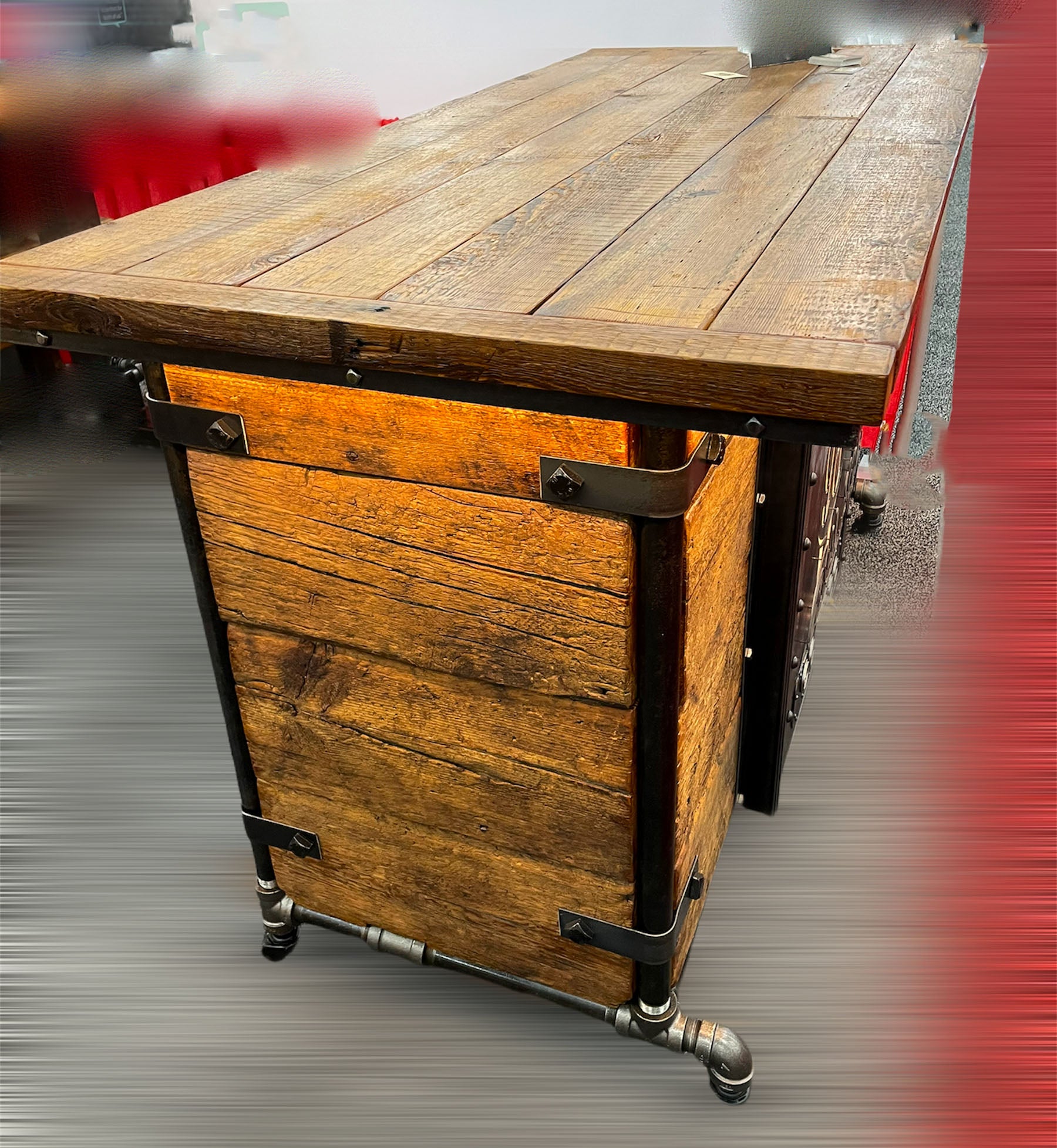 Steampunk Industrial Refrigerator Bar / Barnwood  / Hostess Stand / Large 8' Table / Carroll Shelby / #3410