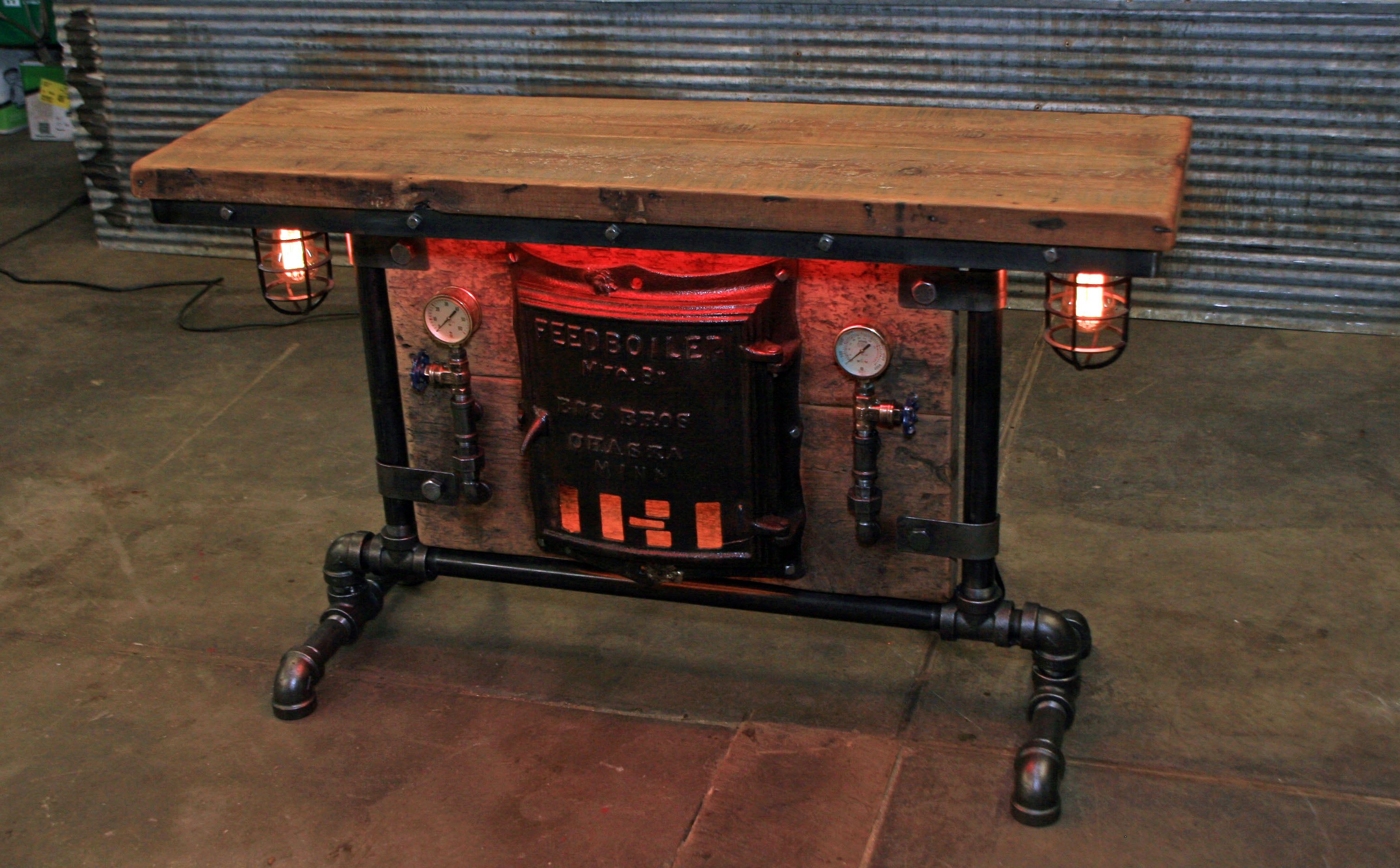 Steampunk Industirial Table / Antique Barn Wood / Furnace Door / Hallway Sofa Table #2056