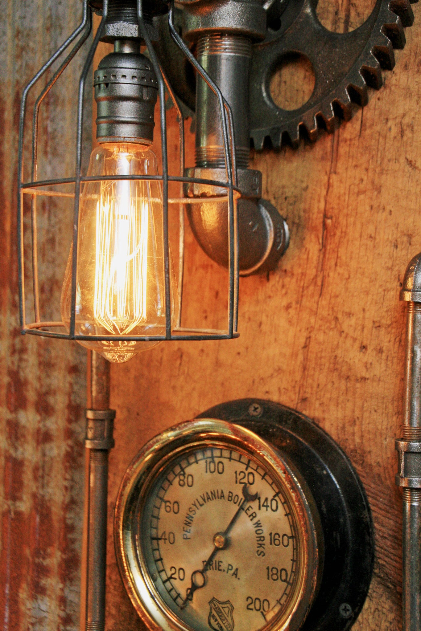 Steampunk, Industrial Barn Wood Wall Sconce, Steam Gauge - #628