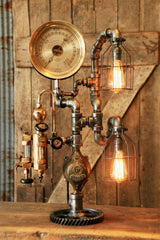 Steampunk Industrial Pipe Lamp, Antique Oiler and Steam Gauge - #953 - SOLD