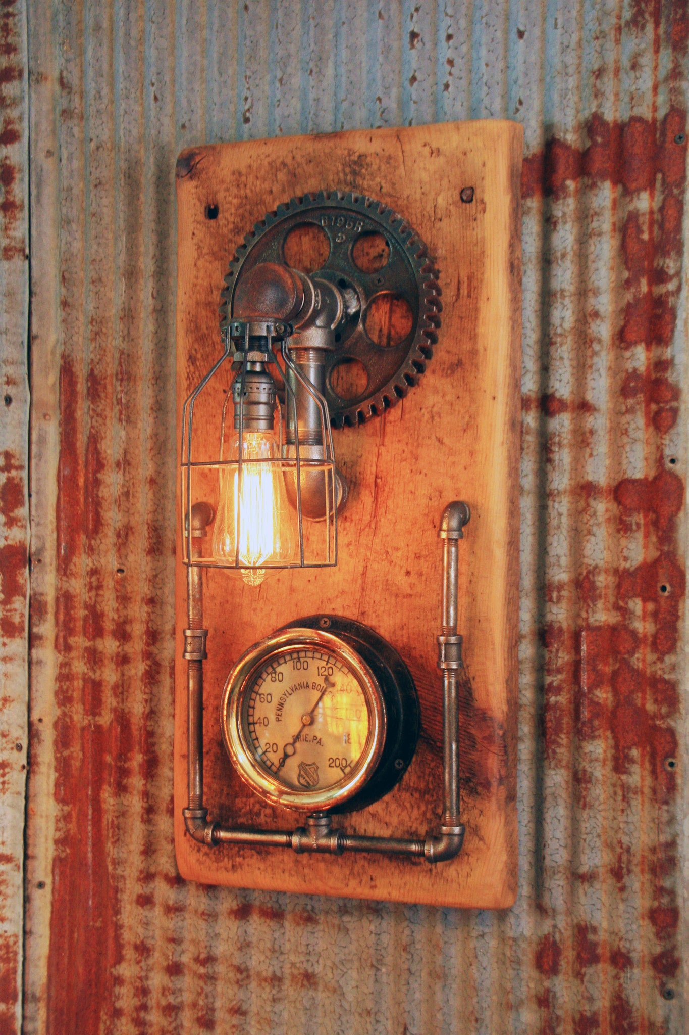 Steampunk, Industrial Barn Wood Wall Sconce, Steam Gauge - #628